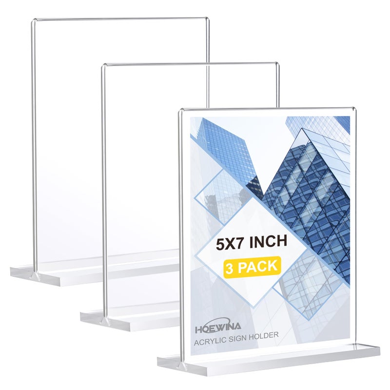 Hoewina Acrylic Sign Holder 5 x 7 Inch 3 Pack - Business & Store Sign Holders - Vertical Double-Sided Acrylic Stands - Image 1